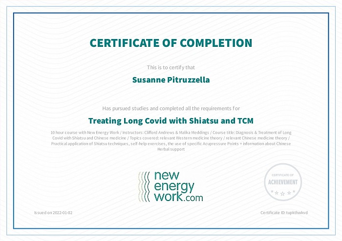 Zertifikat - Treating Long Covid with Shiatsu and TCM