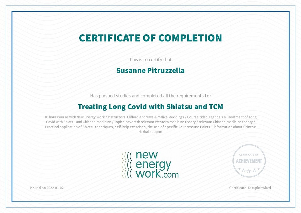 Zertifikat - Behandlung von Klienten mit Long Covid with Shiatsu und TCM.