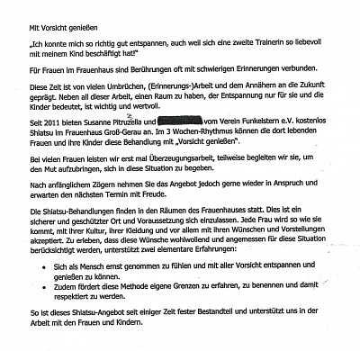 Shiatsu-Behandlungen Einsatz in einem Frauenhaus 2012.