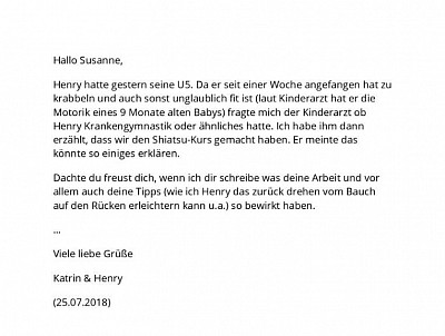 Feedback Katrin mit Henry. aceki●BabyShiatsu - Japanische Babymassage. Juli 2018.