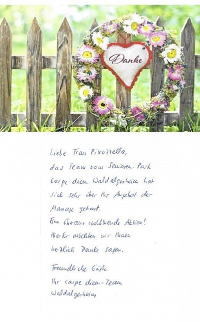 Feedback Senioren-Park carpe diem, Waldalgesheim. Shiatsu Stuhlbehandlung (beim jährlichen Gesundheitstag). Sept. 2021.