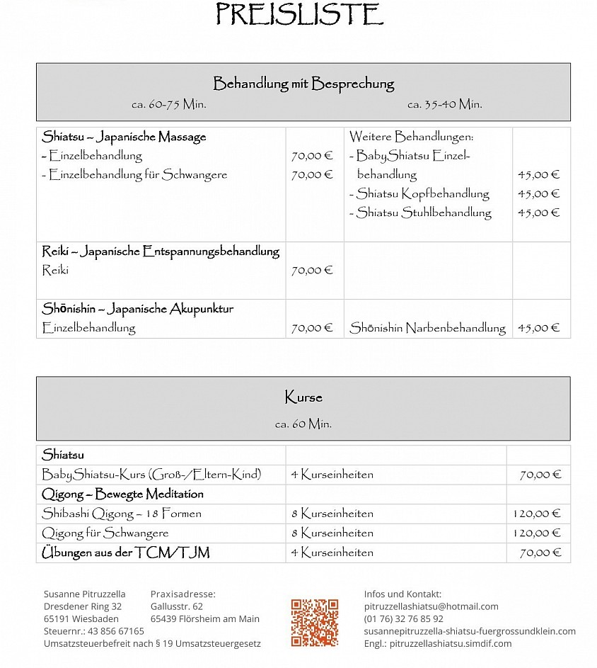 Preisliste - Susanne Pitruzzella - Shiatsu für Groß und Klein.