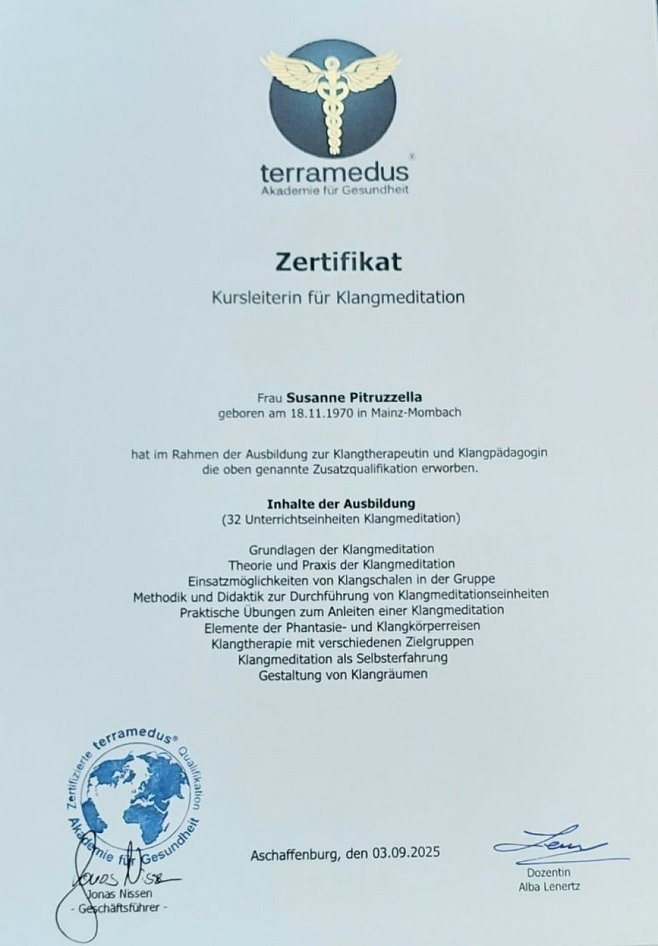 Zertifikat - Kursleiterin für Klangmeditation (terramedus) nach Peter Hess
