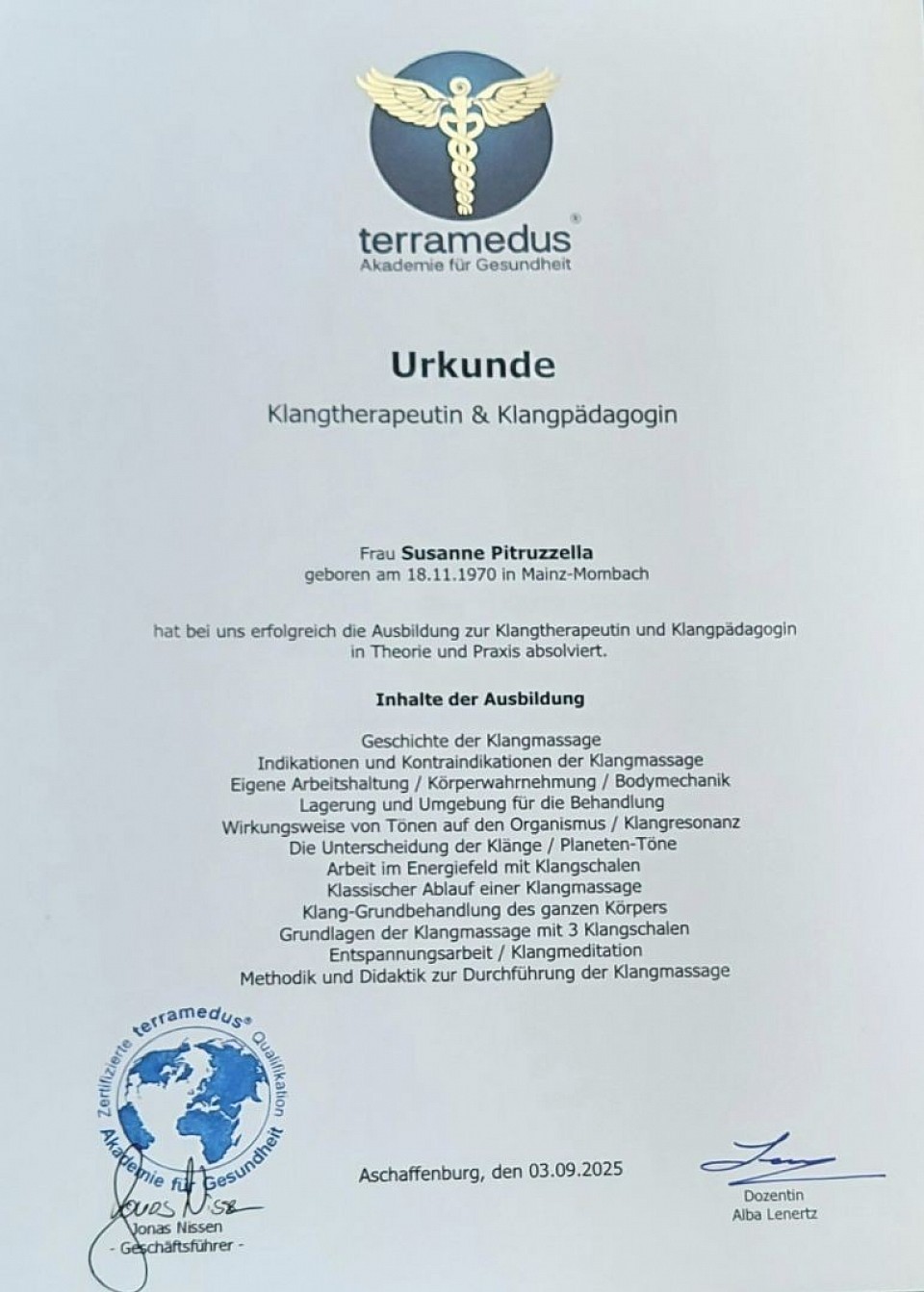 Urkunde - Klangtherapeutin Klangpädagogin (terramedus) nach Peter Hess
