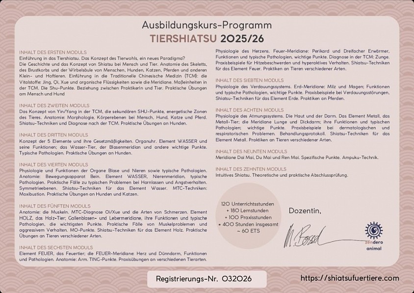 Ausbildungsinhalte Ausbildung Tiershiatsu. Zendero Animal. Hier auch auf Englisch: